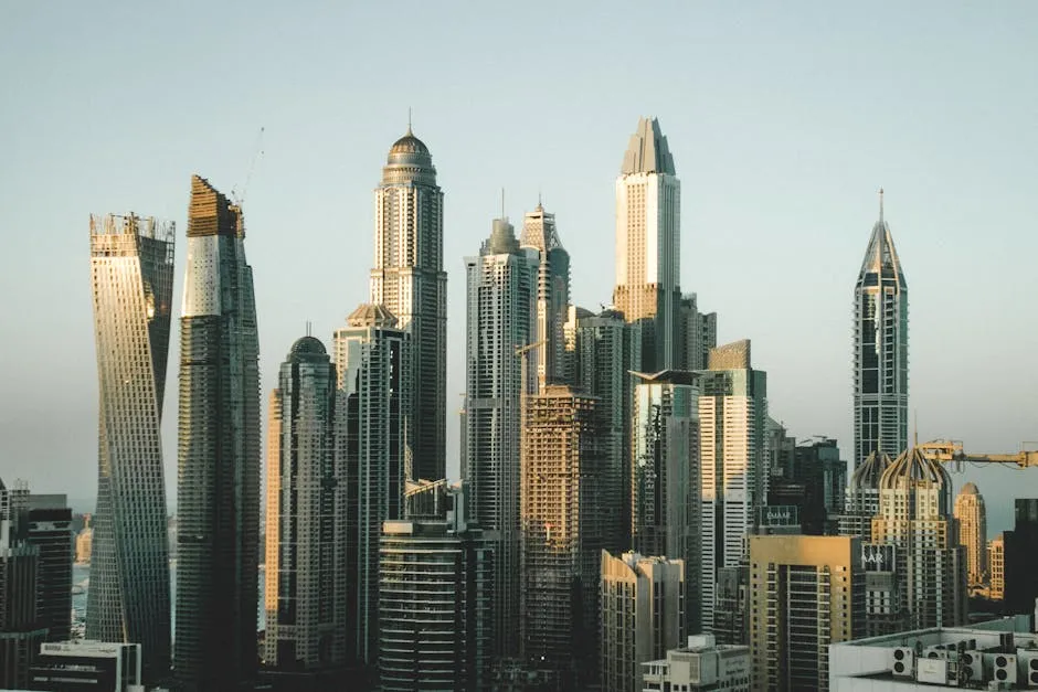 A stunning view of the modern Dubai skyline with towering skyscrapers under a clear sky captured during the day.