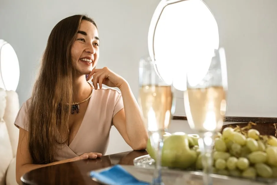 Woman relaxing in a private jet with champagne and fresh fruit, epitomizing luxury travel.