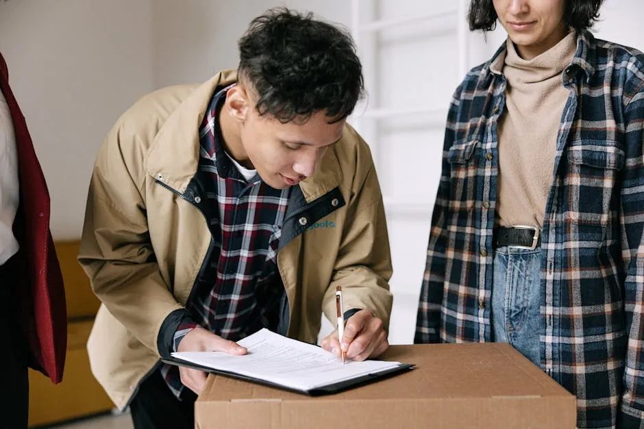 Young adults signing documents on moving day, finalizing new home purchase.