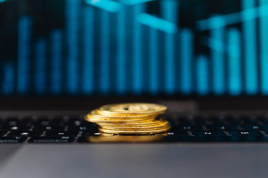 Stack of gold coins on a laptop keyboard with a rising graph, symbolizing financial growth.