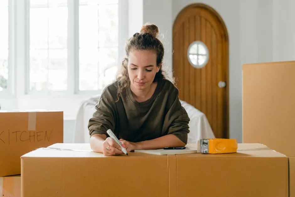 A woman labels cardboard boxes while preparing to move, with sunlight streaming through windows.