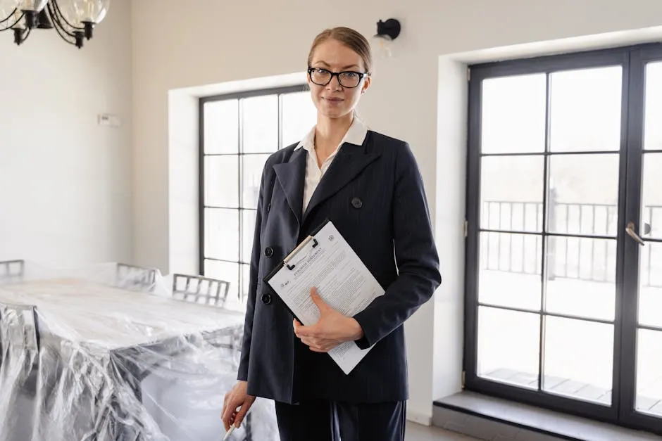 Confident real estate agent standing indoors holding property documents.