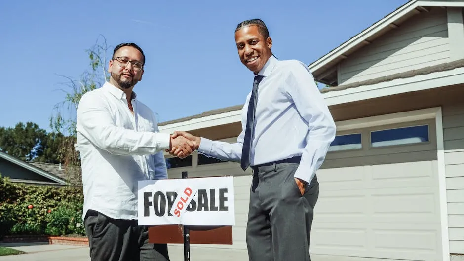 Two men shaking hands in front of a sold house, symbolizing a successful real estate transaction.