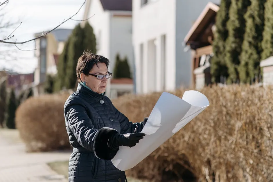 Woman examining a blueprint in a sunny residential area, considering properties.