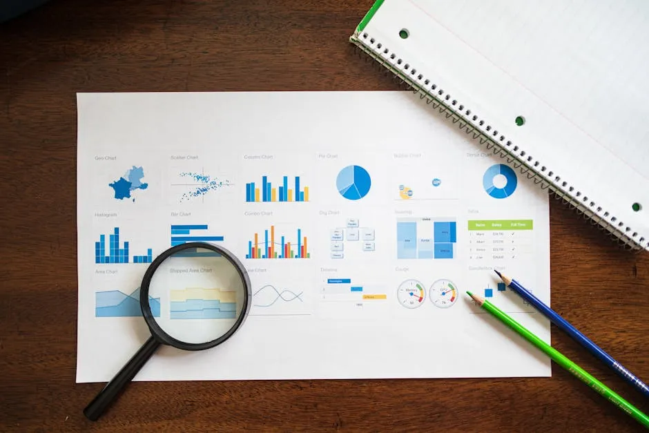 Overhead view of charts and graphs with magnifying glass and stationery on wooden table.