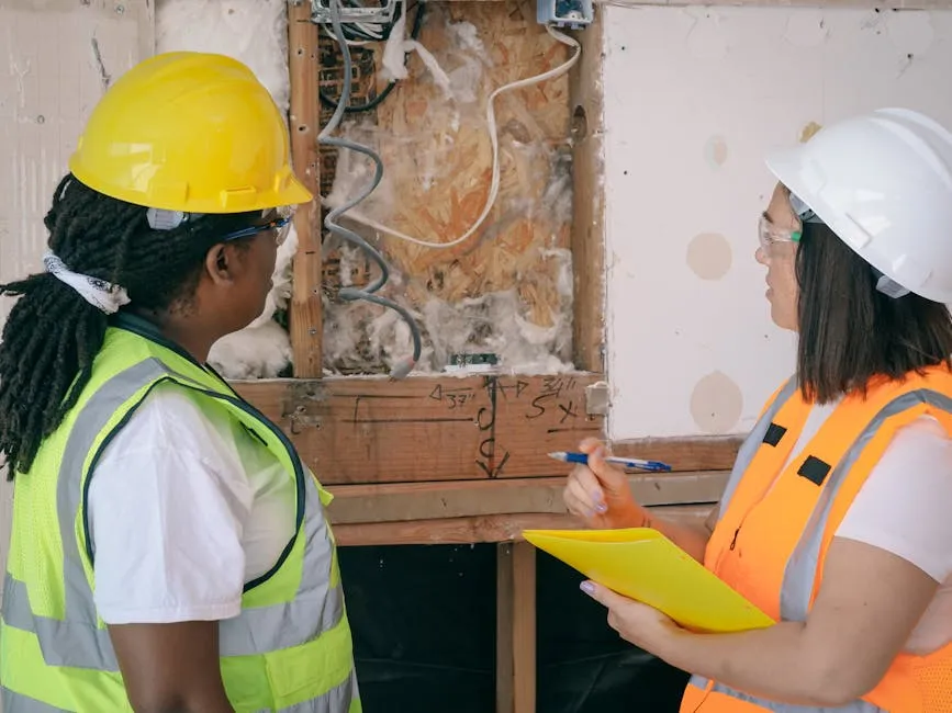 Two female engineers in safety gear reviewing construction plans onsite.