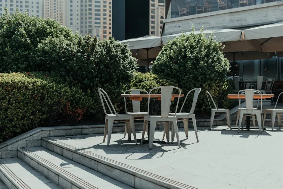 Stylish and contemporary outdoor seating area in Dubai's urban landscape, perfect for leisure and relaxation.