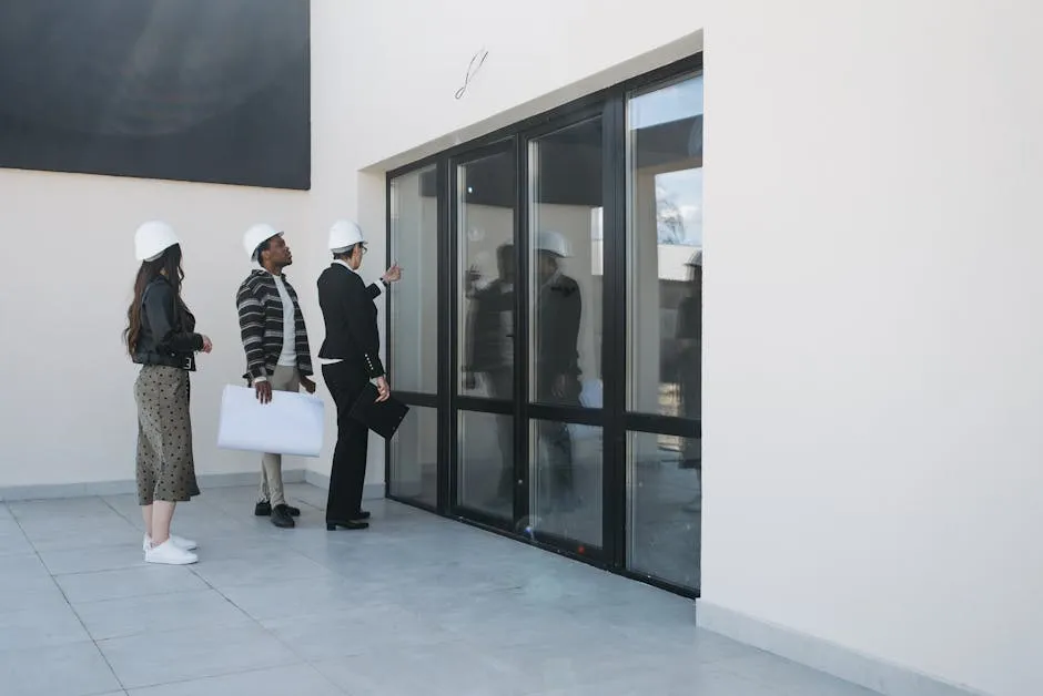 A diverse group of architects and a real estate agent examine a modern building, focusing on large glass windows.