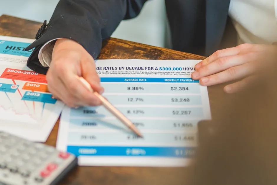 A close-up of hands analyzing mortgage rate documents with a pen and calculator in a business setting.