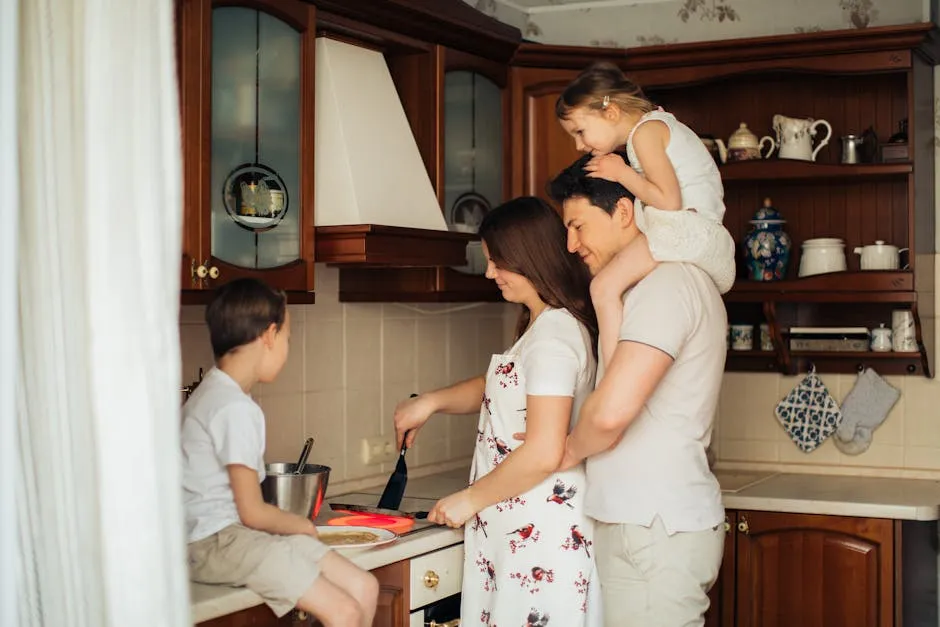 A joyful family cooking together in their cozy home kitchen, showcasing love and togetherness.