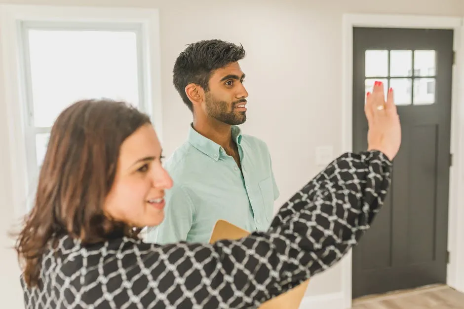 Real estate agent presenting a house to a client during an indoor tour. Business and transaction concept.