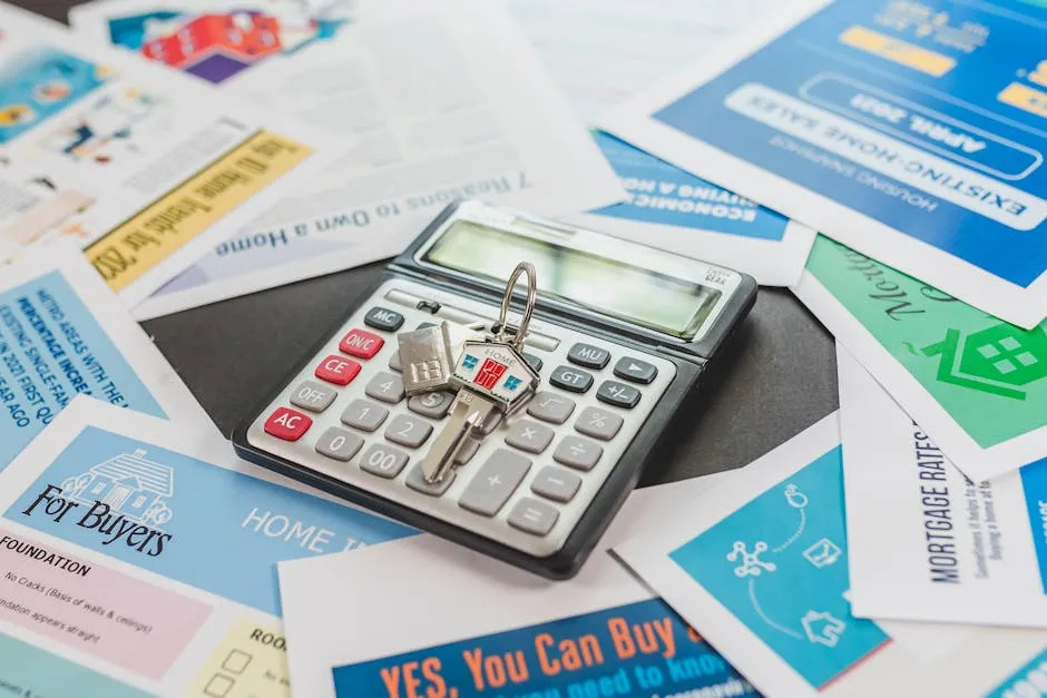 A calculator and real estate flyers depicting financial planning for home buyers.