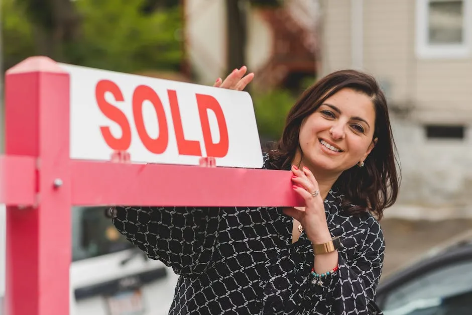 Smiling realtor holding a 'Sold' sign in front of a house. Perfect for real estate marketing.