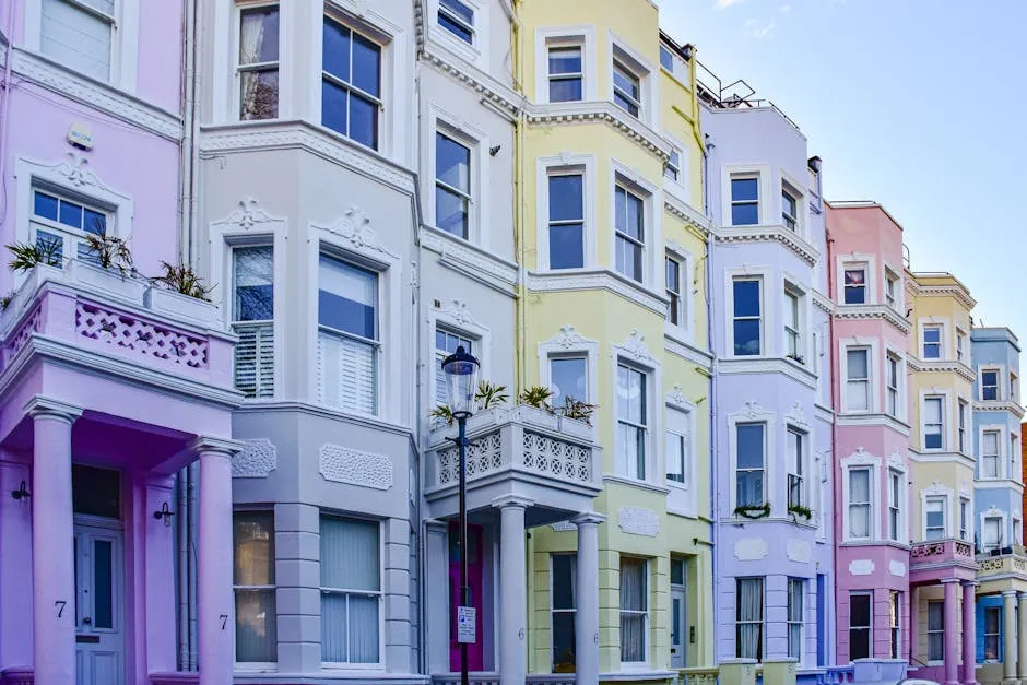 Colorful facades of residential buildings in Notting Hill, London.