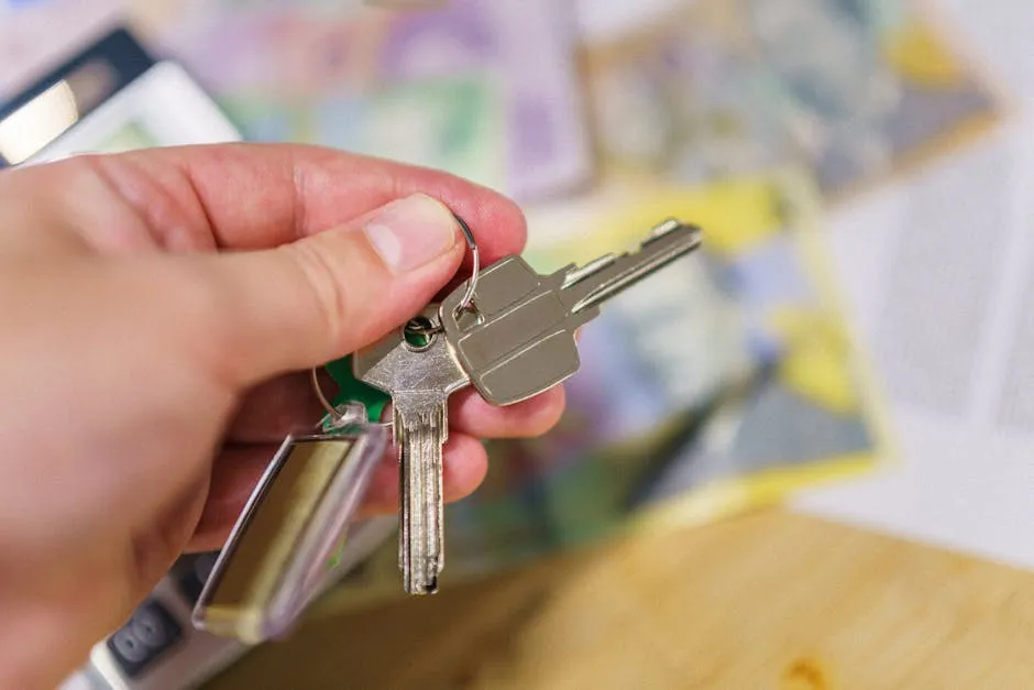 Close-up of keys in hand representing property ownership with blurred financial documents in the background.