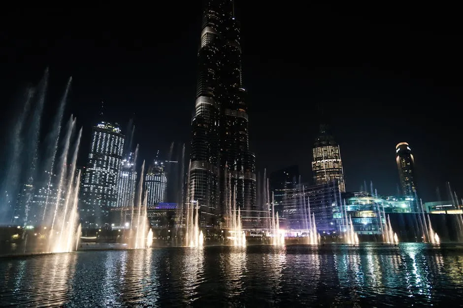 Illuminated Dubai skyline featuring Burj Khalifa and fountains at night.