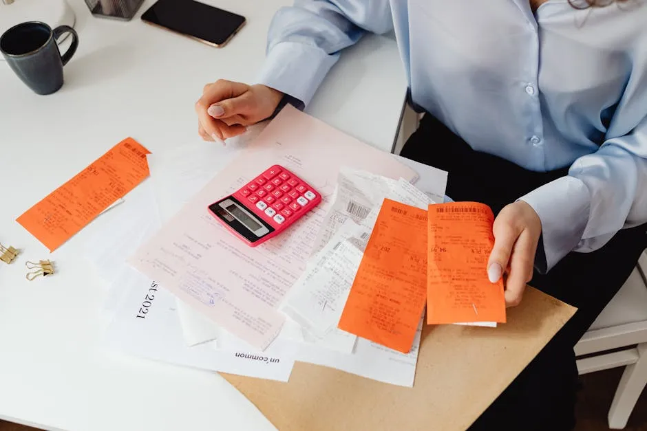 A woman reviews receipts and calculates expenses at a desk with a pink calculator.