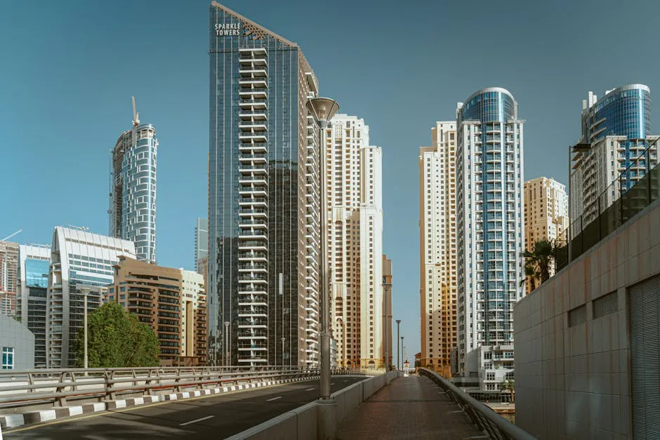 Stunning view of modern skyscrapers in downtown Dubai. A blend of contemporary architecture and vibrant cityscape.