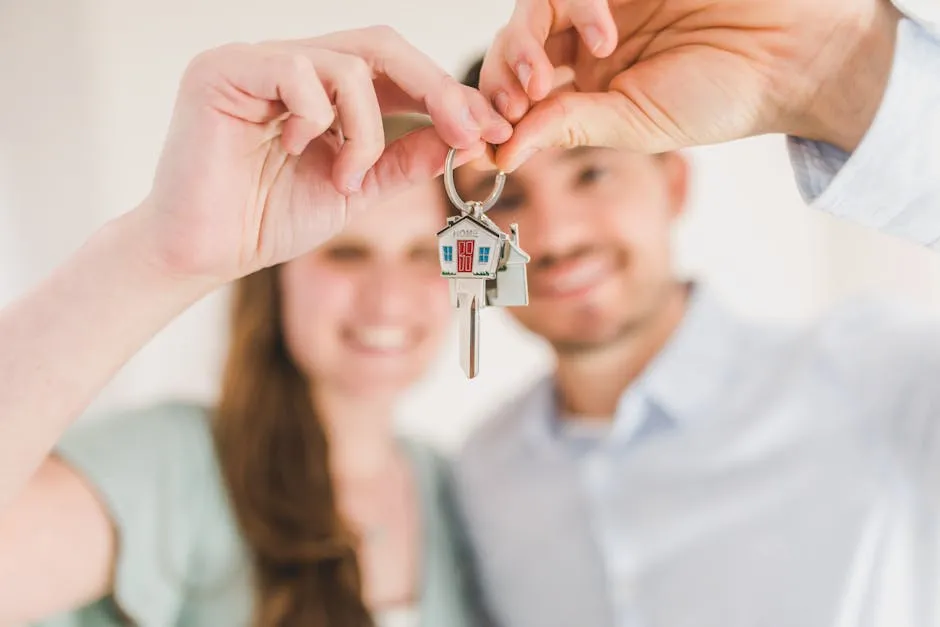 Young couple holding keys to their new home, symbolizing a fresh start and investment in real estate.