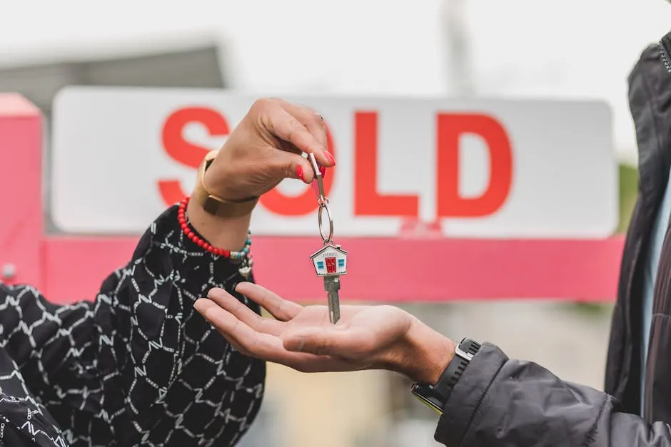 Close-up of handing over house key with sold sign in background, symbolizing real estate success.