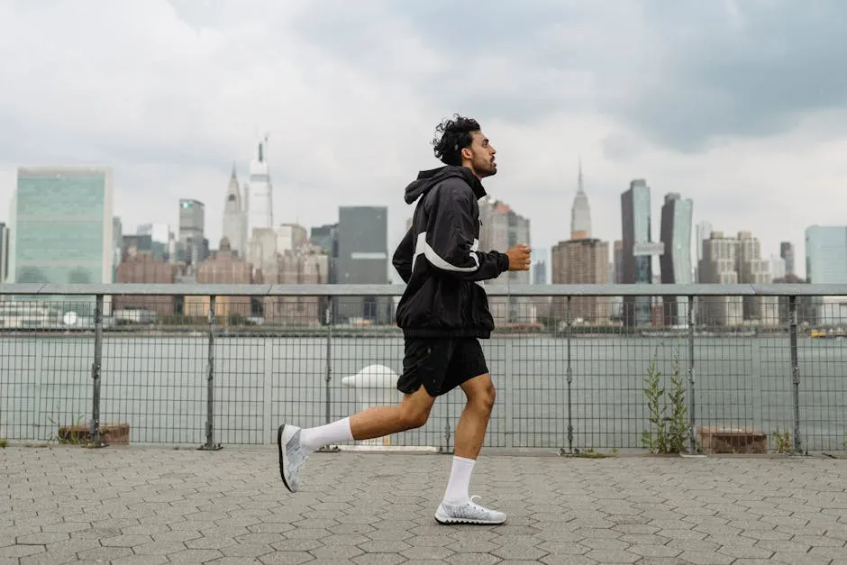 Adult man jogging along a waterfront with the New York City skyline in the background, exuding a vibrant urban lifestyle.