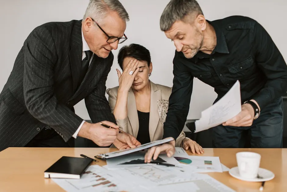 A professional team in a tense business meeting discussing financial documents.