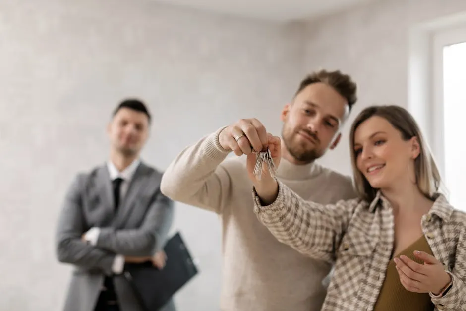 A joyful couple holding keys to their new home with a realtor in the background.