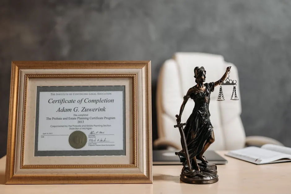 A framed legal certificate and Lady Justice figurine on a desk in a law office setting.