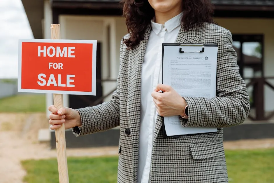 A real estate agent holding a home for sale sign and clipboard outside a property.