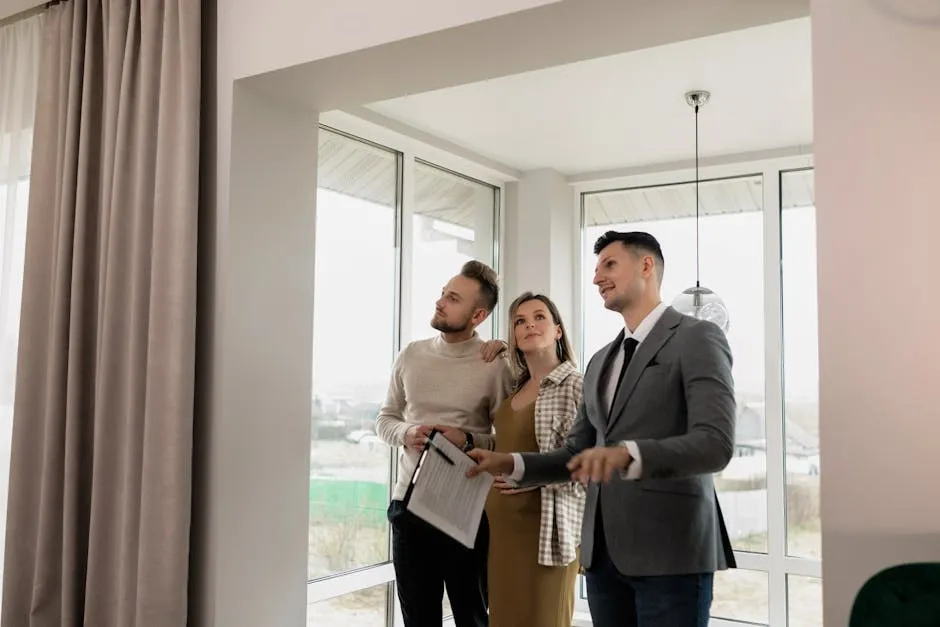 A real estate agent showing a modern home to a young couple during a daytime viewing.