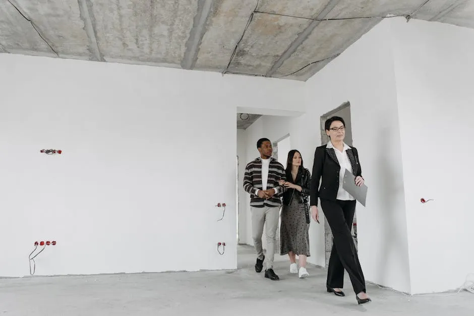 Real estate agent showing an unfinished house to potential buyers during a viewing session.