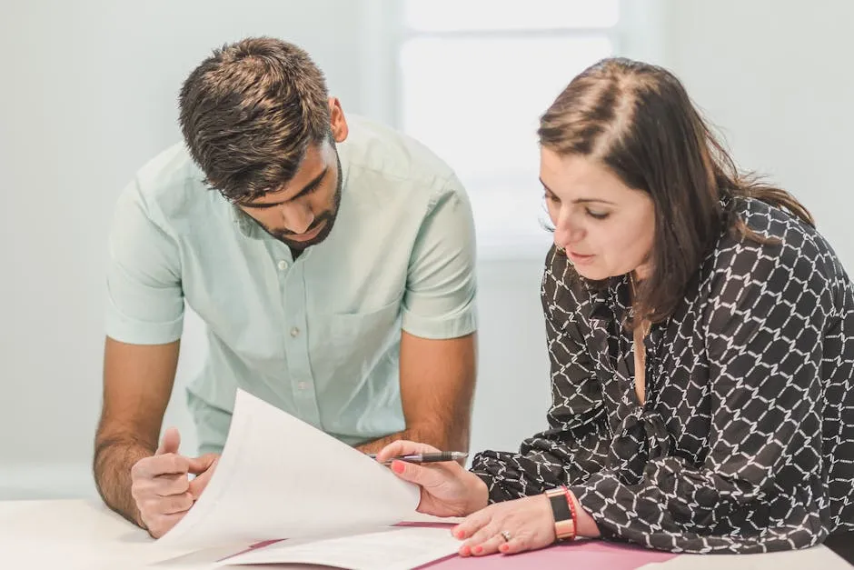 Real estate agent assisting first-time homebuyer with documents inside a bright room.